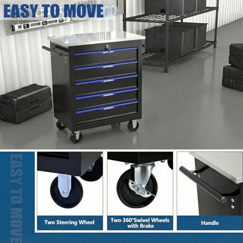 5-Drawer Rolling Tool Chest with Stainless Steel Countertop,Tool Chest with Secure Locking System,Mobile Storage Tool Cabinet with 360°Wheels and Padded Feet,for Home,Garage (Black+Blue)