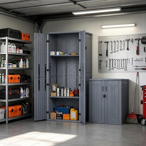 ZYJOYY Outdoor Storage Cabinet with 4 Shelves, 31.5" x 23.23" x 66.22" Grey Waterproof Resin Vertical Tool Shed, Lockable 30 cu.ft. Storage Shed for Patio, Garden, Yard