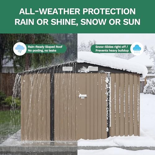 JUMMICO 10x12 FT Outdoor Storage Shed, Heavy Duty Metal Shed with Lockable Door&Slooping Roof, Tool Shed for Garden Backyard Patio(Brown)