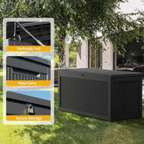 TARKARI 370 Gallon Outdoor Storage Box Waterproof, Resin Deck Boxes with Lockable Lid & UV-Resistant for Patio, Pool, Garden Furniture Cushions & Accessories, Black