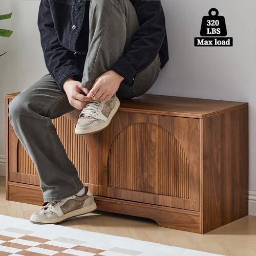 BERRYMERRY 39.4" Fluted 2 Tier Shoe Storage Bench with Shelf