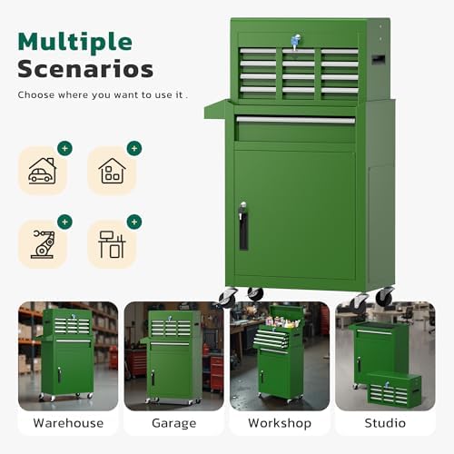 Greenvelly 5-Drawer Tool Chest with Wheels, Pre-Assembled Rolling Tool Chest, Detachable Top Tool Box, Lockable Design, Comes with Drawer Liners & Side Hooks for Garage Workshop Repair Room (Green)
