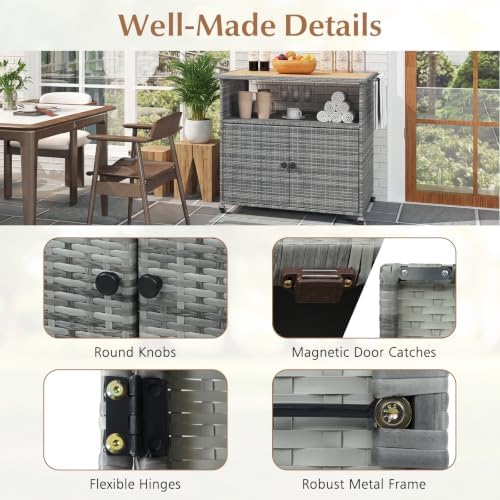 HAPPYGRILL Outdoor Storage Cabinet with Wheels, PE Rattan Deck Box