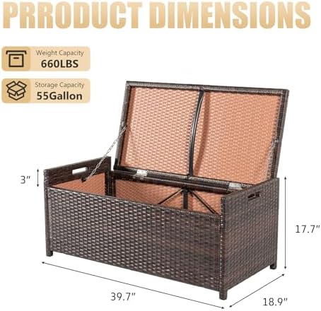 PROHIKER 2-in-1 Wicker Deck Box Bench, All-Weather 55 Gallon Outdoor Storage Box with Cushions and Waterproof Bag, Rattan Storage Bench for Pool Tools, Outdoor Equipments and Garden Tools, Brown/Beige