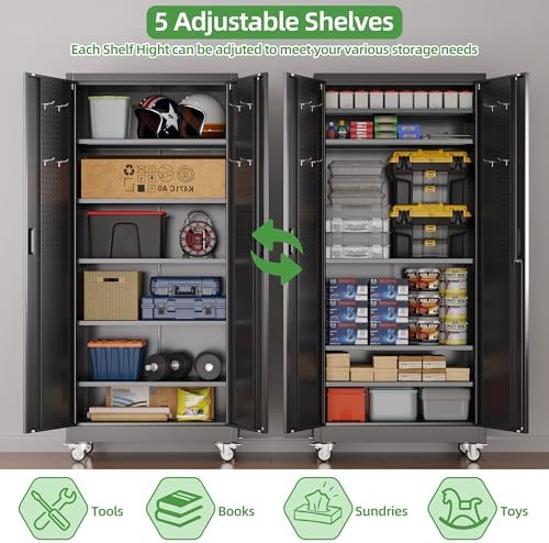 Reemoon 5 Adjustable 170 lb Shelves, Lockable Doors, Door pegboard and 4 Removable casters for Garage, Utility Storage.