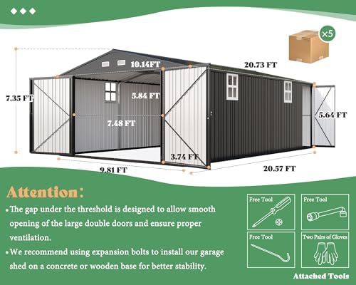 AMERLIFE 10x21x7.3 FT Metal Garage Shed with Double Hinged Doors, 4 Windows