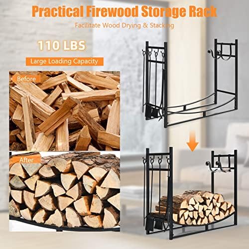 ORALNER 36” Firewood Rack, Indoor Firewood Storage Stand with Kindling Holder & 4 Fireplace Tools Set, Poker Tongs Broom Shovel, Wood Racks for Outdoor Firewood Fireplace Log Holder Lumber Stacker