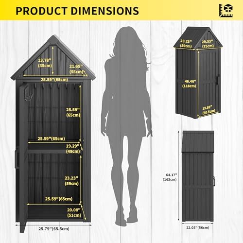 Fancyango Outdoor Resin Storage Cabinet Sturdy All-Weather Shed with Removable Shelves Lock Ring & Reinforced Floor – for Garden Patio Lawn (Black1)