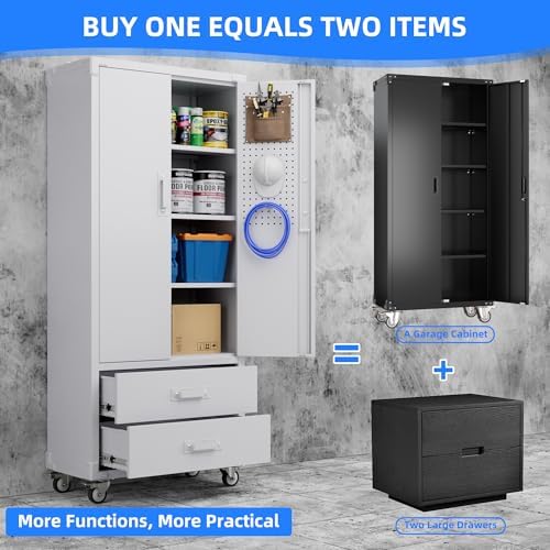 Metal Garage Storage Cabinet with Wheels, 2 Drawers and Pegboard, White