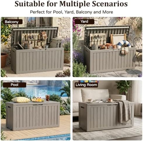 Outdoor Storage Box,100 Gallon Lockable Deck Box with Wheels,Grey