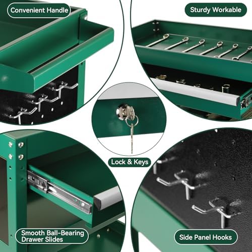 Tool Chest with Wheels, 3-Tier Rolling Tool Box with 1 Drawer & Hooks, Heavy Duty Utility Industrial Service Cart with Locking System Drawer for Garage, Warehouse & Repair Shop,Green