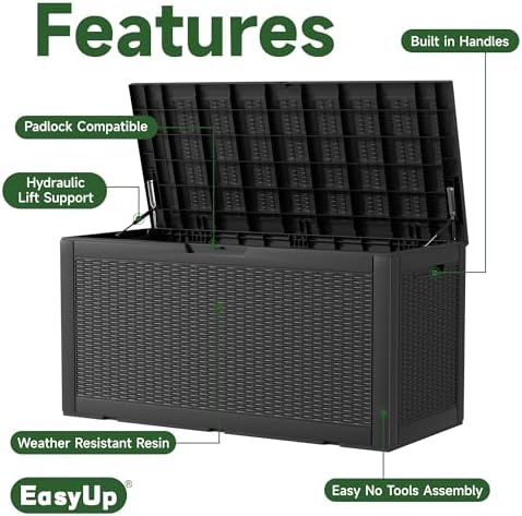EasyUp 120 Gallon Outdoor Storage Box Waterproof, UV Resistant Resin Deck Box with Hydraulic Rod, Reinforced Stability for Patio, Garden, Rattan Black