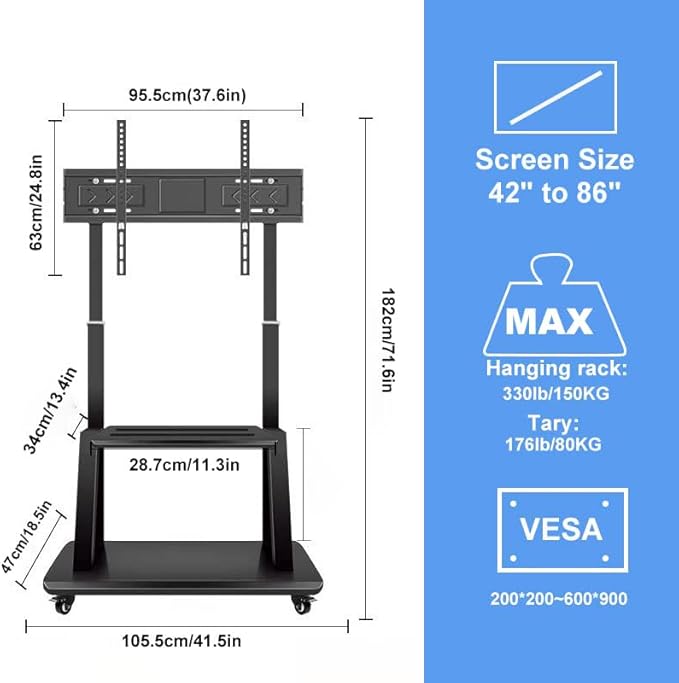Hellsehen Mobile TV Cart, Rolling TVs Cart on Wheels Height Adjustable