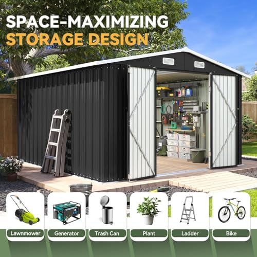 Aoxun 10 x 12FT Outdoor Storage Shed with Double Hinged Large Door, Black
