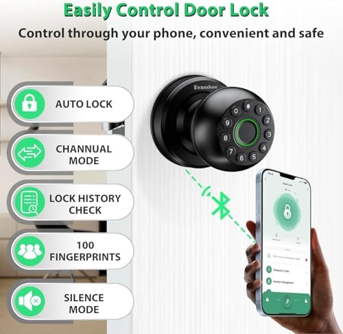 Smart Door Knob Fingerprint Lock 4-in-1 Keyless Entry (Fingerprint/App/Code/Key) Biometric Door with Auto-Lock Easy Install for Home/Bedroom/Office-Black