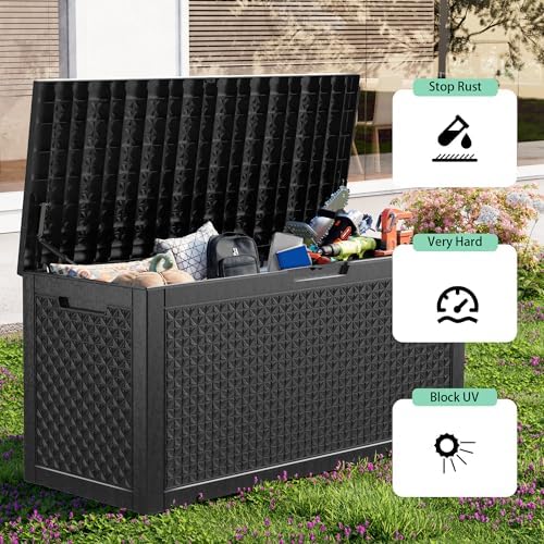 Outdoor Waterproof Resin Storage Deck Box Lockable Outside Bench UV Resistant Bin Patio Porch Furniture Pool Float Garden Tool Cushion (Black, 110 Gallon)
