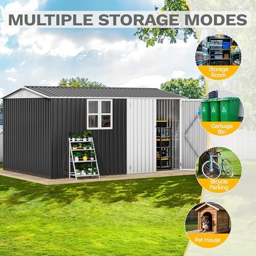 DWVO 12x8 FT Outdoor Storage Shed, Metal w/Lock & Window - Gray/White
