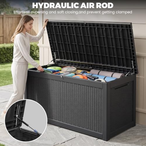 350 Gallon Outdoor Storage Box, Extra Large Waterproof Resin Deck Box with Lockable Lid Storage Bin for Patio Furniture Cushion, Garden Tools, Pool Accessories, UV-Resistant Outside, Black