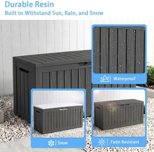 ROJIK 149 Gallon Outdoor Storage Box Waterproof,Weatherproof Deck Boxes Outdoor Lockable,Resin Outside Storage Box for Garden Tools,Cushions,Accessories(Black,149 Gal)