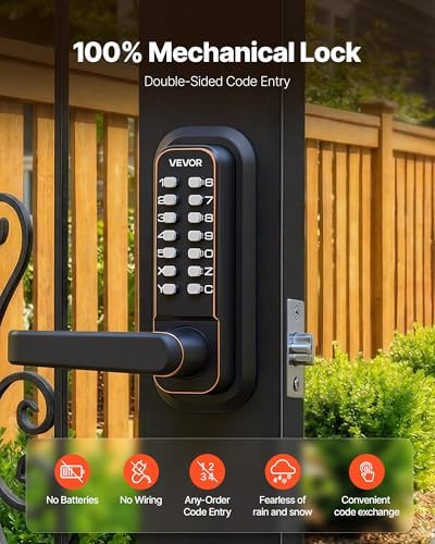 VEVOR Mechanical Keyless Entry Door Lock, 2.0 Code Upgrade, 4-7 Digits Code, Double-Sided Push Button Combination Keypad Door Lock with Handle, Auto Locking, for Indoor or Outdoor, Oil-Rubbed Bronze