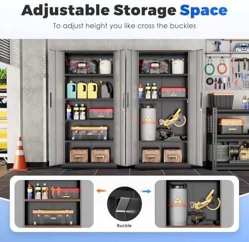 INTERGREAT Storage Cabinet with Doors and Shelves, Metal Garage Storage Cabinets with Lock, Lockable Steel Supply Cabinet for Home Office, Warehouse (Black Grey)