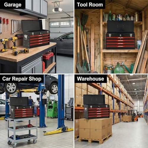 4 Drawer 21" Heavy Duty Metal Tool Box Portable Tool Chest with Metal Latch Closure & Security Key Lock, Top Storage Tray Toolbox with EVA Liners for Workbench, Garage & Warehouse (Black&Red)