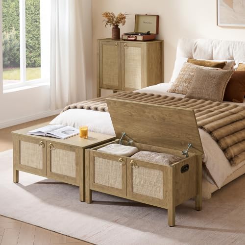 SICOTAS Rattan Storage Bench Boho Storage Chest with 2 Safety Hinges