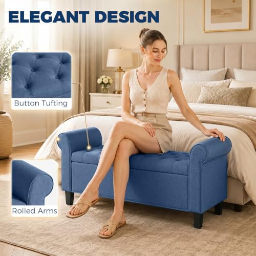 HOMCOM 47" Storage Ottoman End of Bed Bench with Rolled Arms Blue