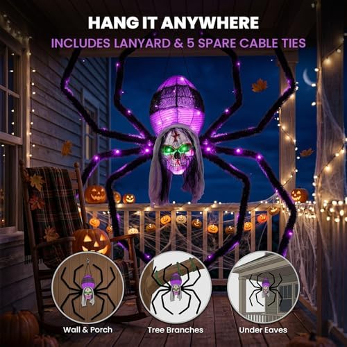 52" Halloween Giant Skull Face Spider, Lighted Outdoor Decoration with Flashing Red & Green Eyes, 70 LED Glowing Spider for Yard, Lawn, Porch, Haunted House Decor (52" Wall-Mounted)