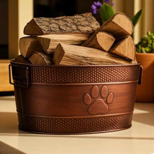 BREKX 25-Quart Tub for Firewood Storage Rack Log Holder - Heavy-Duty Portable Galvanized Tub with Handles for Indoor/Outdoor (Bronze Paw)