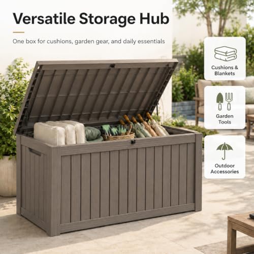 Outdoor Storage Box Resin Deck Box Waterproof Gray Brown 182 Gallon