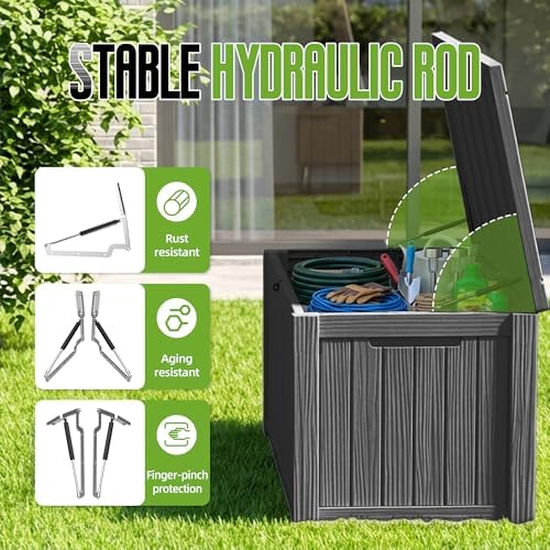 150 Gallon Outdoor Storage Deck Box Waterproof Resin Lockable Outside Bench Porch Patio Furniture Pool Float Garden Tool Cushion UV Resistant Bin Black