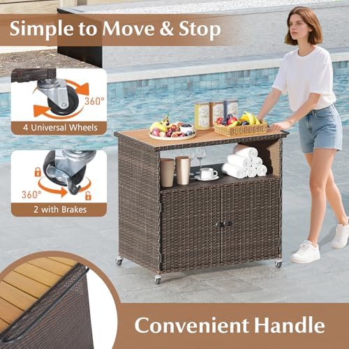 HAPPYGRILL Outdoor Storage Cabinet with Wheels, PE Rattan Patio Buffet Sideboard Bar Cart for Garden, Backyard & Poolside