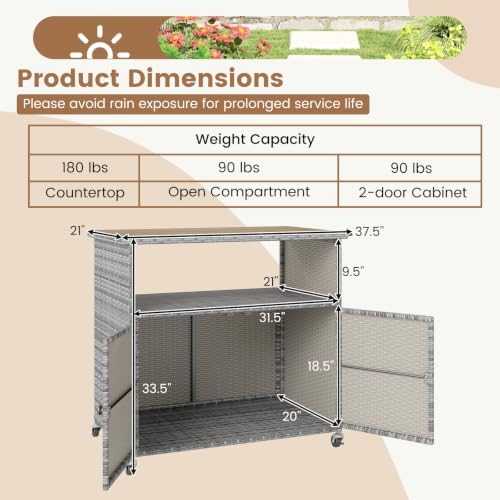 Tangkula Rattan Outdoor Storage Cabinet with 4 Wheels (Mix Grey)