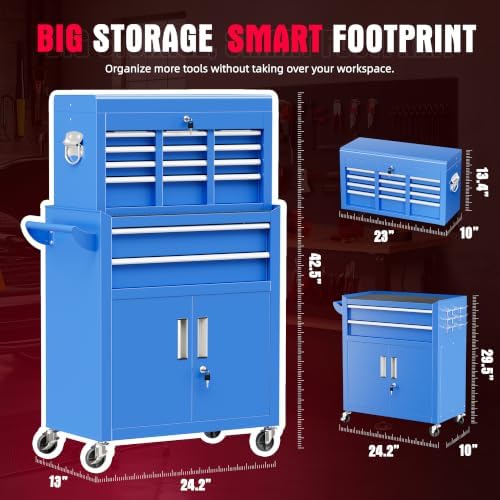 Bonusall 8 Drawer Rolling Tool Chest and Cabinet Combo,Heavy-Duty Metal Garage Tool Chest with Wheels and 2 Doors,2-in-1 Top Box and Roller Cabinet Combo for Garage, Workshop, Warehouse-Blue