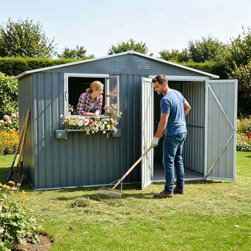 10x8 FT Outdoor Storage Shed with 2 Clear Windows, Metal Garden Shed with Flower Racks & Baskets, Outside Tool Shed with Lockable Double Doors, Waterproof Storage Building for Backyard, Gray