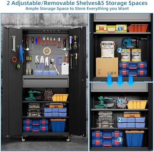 71" Rolling Metal Storage Cabinet with Lock & Pegboards, Black
