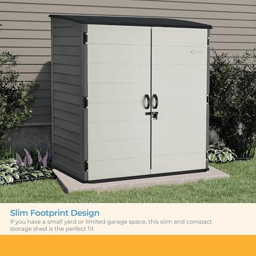 Suncast XL Vertical Storage Shed, 106 Cu Ft, Lockable Doors, Iron Ore Gray