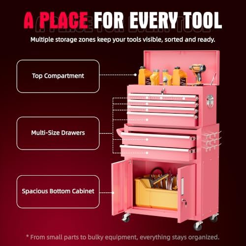 Bonusall Rolling Tool Chest with Wheels, 8 Drawer Metal Tool Cart with Portable Tool Box and Work Bench, Assembled Tool Chest with Drawer and Hooks for Garage, Workshop, Warehouse - Pink