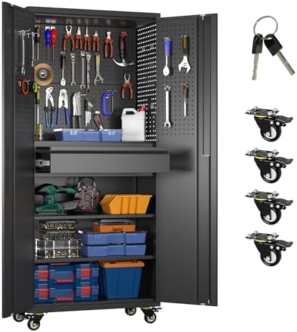 71" Rolling Metal Storage Cabinet with Lock & Pegboards, Black