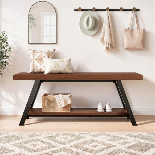 LVB Industrial Entryway Bench with Storage, Wood and Metal Bedroom Bench
