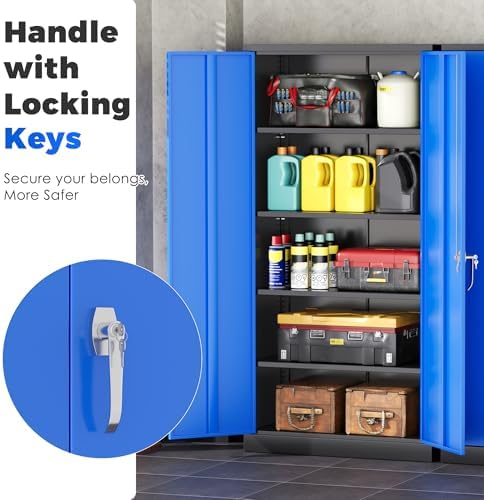 INTERGREAT Metal Garage Storage Cabinet with Lock, 72" Storage Cabinet with Locking Doors and 4 Adjustable Shelves, Lockable Steel Tool Cabinet for Home Office, School, Black Blue