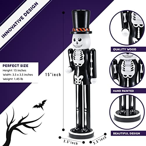 Ornativity Christmas Scary Skeleton Nutcracker – Black and White Wooden Day of the Dead Skeletal Nutcracker Man with Top Hat Xmas and Halloween Themed Holiday Nut Cracker Figure Decorations 15"
