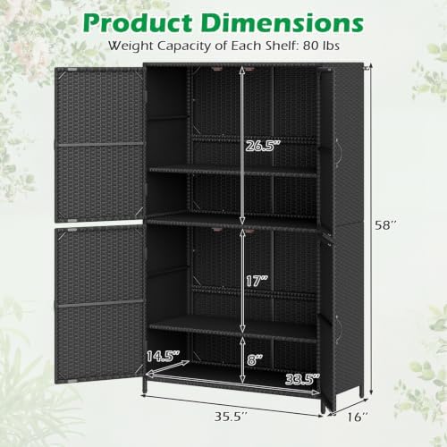 Tangkula Rattan Outdoor Storage Cabinet, Patiojoy Outdoor Cabinet with 2 Adjustable Shelves, 4 Doors, Patio Storage Deck Box Table for Patio Garden Poolside