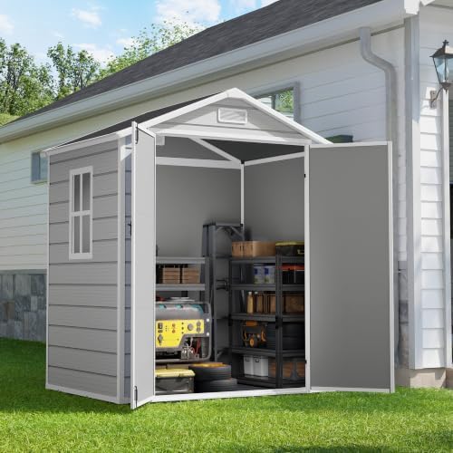 Amopatio 6x4 FT Outdoor Storage Shed with Floor, Grey & White