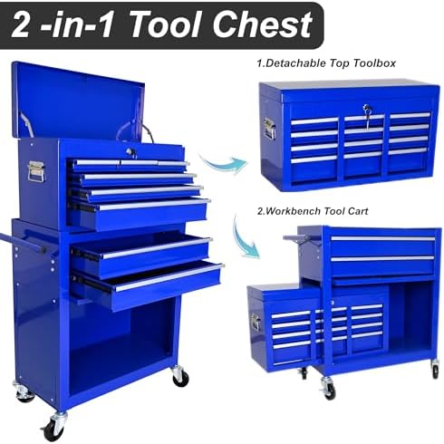 RYH 8 Drawers Rolling Tool Chest & Tool Box on Wheels | Heavy Duty Metal Cart with Ball Bearing Drawers | Fits US General Tool Box for Garage Storage (Blue, 8 Drawers /43.1" H × 24.2" W)
