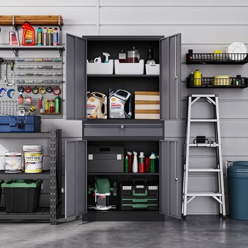 Letaya Metal Garage Storage Cabinet with Drawer,4 Door Tool Cabinet with Lock-2 Adjustable Shelves for Garage Home Office Utility Room (Black & Gray)