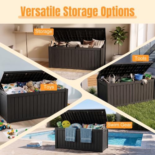 Outdoor Storage Box, 260 Gal Waterproof Resin Deck Box w/Support Rod