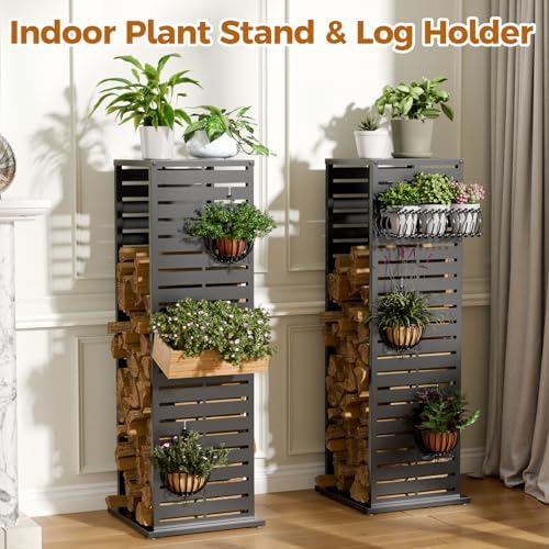 4ft Firewood Rack，Fire Wood Log Holder as Indoor Plant Stand, Outdoor Privacy Screen, Firewood Storage for Fire Pits Fireplace Pergola Gazebo Patio Deck Balcony Black