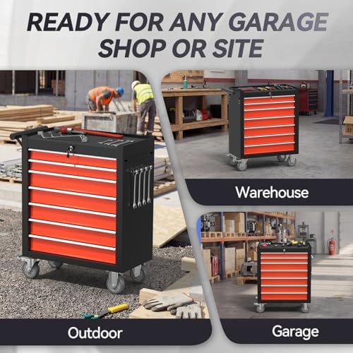 7-Drawer Rolling Tool Chest with Wheels, Metal Tool Storage Cabinet with Lock&Keys and Swivel, Toolbox with Drawers, Tool Box for Warehouse,Garage, Repair Shop, Workshop (Blackred, 7-Drawer)
